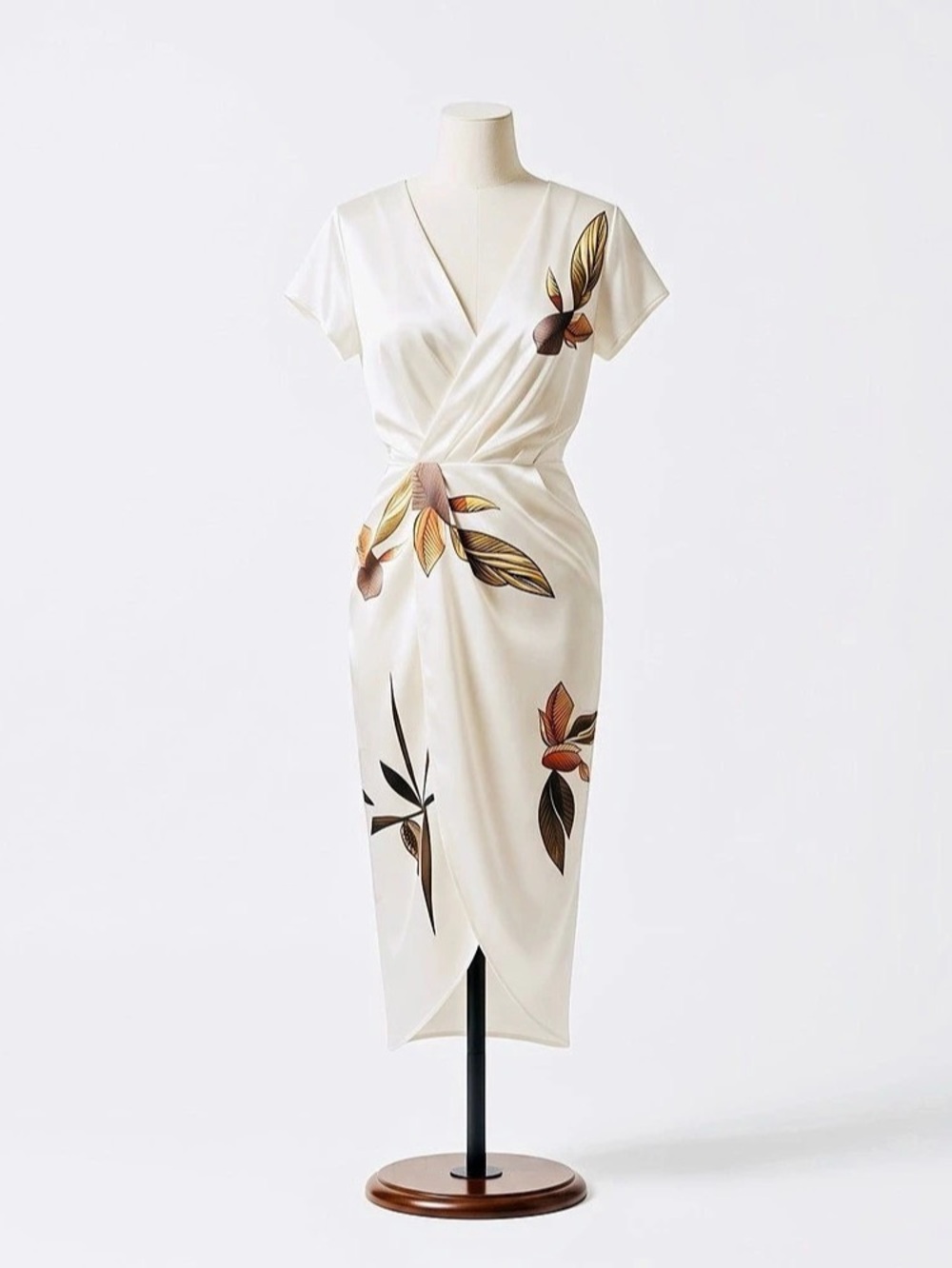 Floral Wrap Midi Dress in White with Satin Sheen - Size Small, NWOT, Never Worn